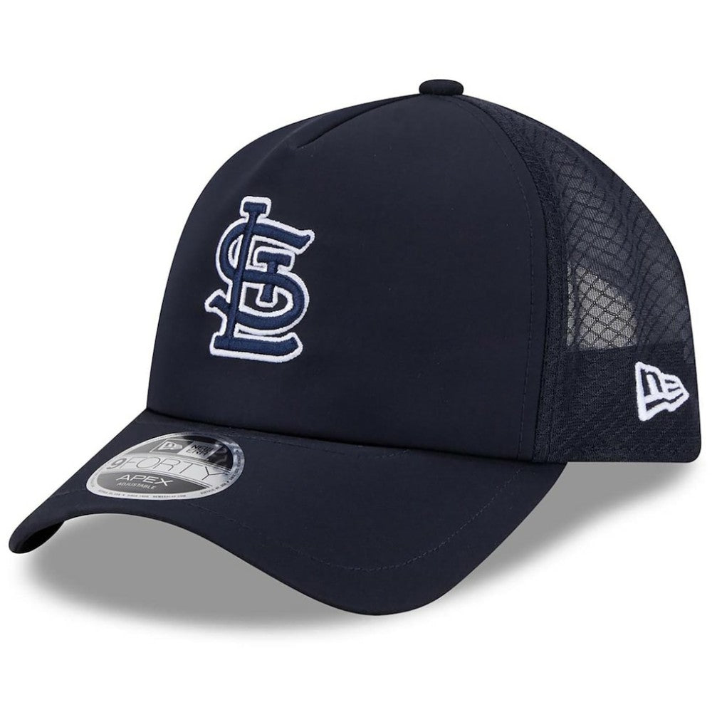 St. Louis Cardinals New Era 2026 Batting Practice Apex 9FORTY Adjustable Trucker Hat - Navy Hats