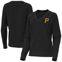 Pittsburgh Pirates Antigua Women's Varsity Tri-Blend V-Neck Long Sleeve T-Shirt - Heather Black T-shirts