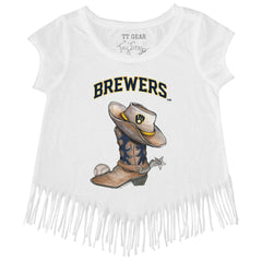 Milwaukee Brewers Tiny Turnip Girls Youth Cowboy Boot Fringe T-Shirt - White T-shirts
