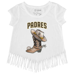 San Diego Padres Tiny Turnip Girls Youth Cowboy Boot Fringe T-Shirt - White T-shirts