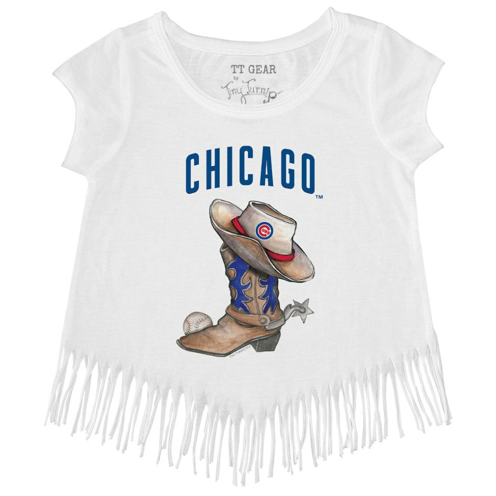 Chicago Cubs Tiny Turnip Girls Youth Cowboy Boot Fringe T-Shirt - White T-shirts