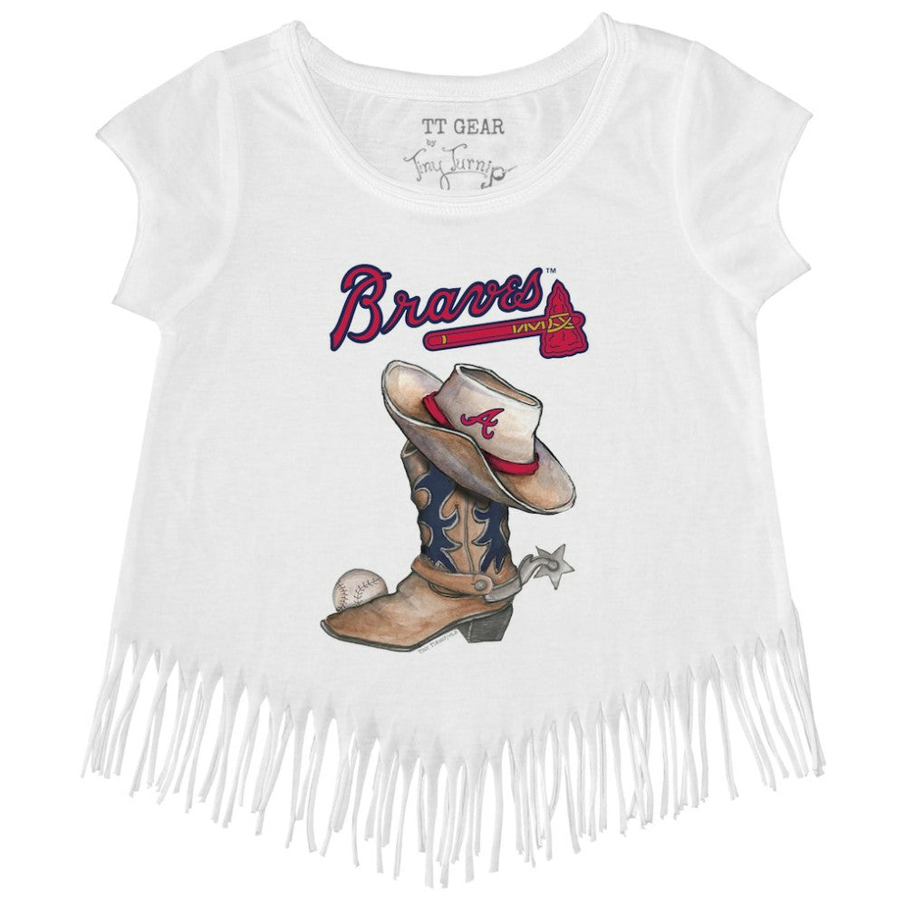 Atlanta Braves Tiny Turnip Girls Youth Cowboy Boot Fringe T-Shirt - White T-shirts