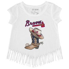 Atlanta Braves Tiny Turnip Girls Youth Cowboy Boot Fringe T-Shirt - White T-shirts