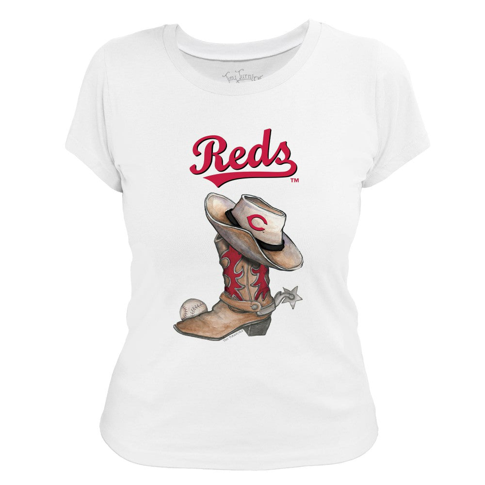 Cincinnati Reds Tiny Turnip Women's Cowboy Boot T-Shirt - White T-shirts