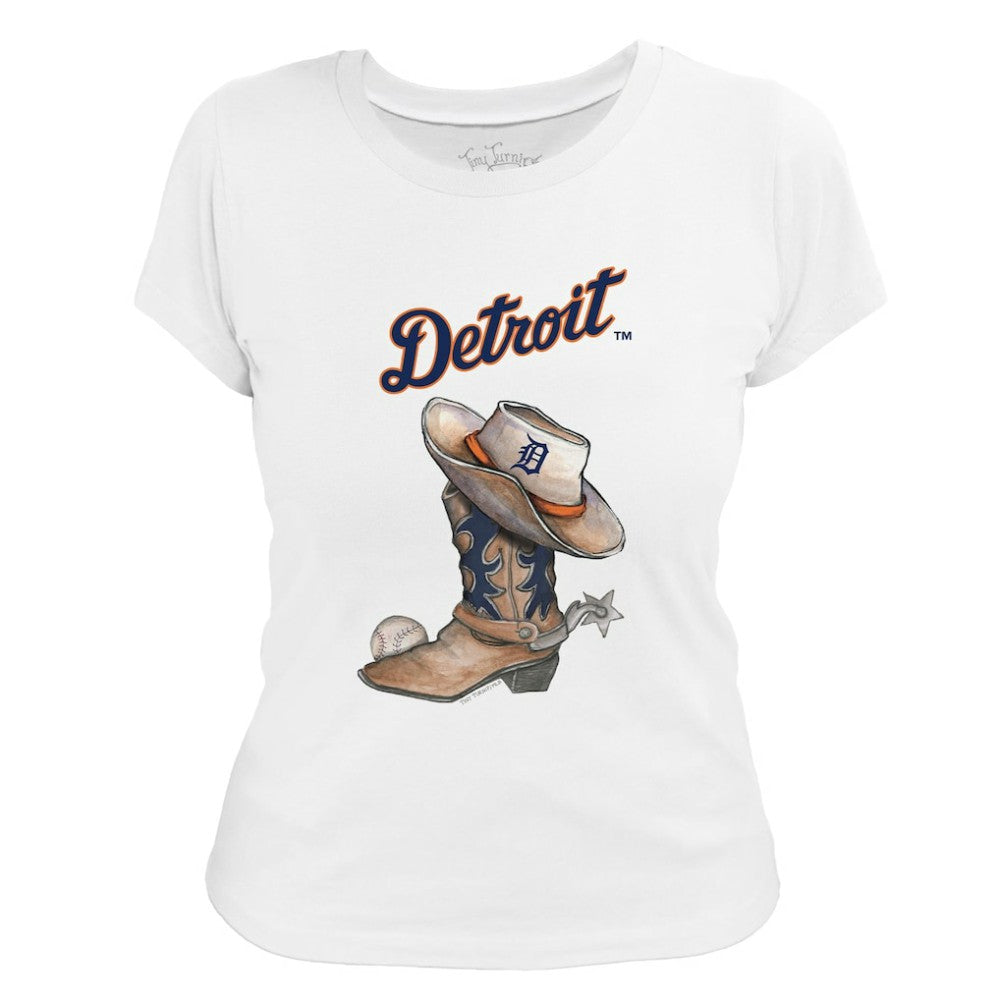 Detroit Tigers Tiny Turnip Women's Cowboy Boot T-Shirt - White T-shirts