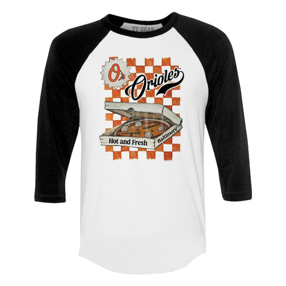 Baltimore Orioles Tiny Turnip Women's Pizza 3/4-Sleeve Raglan Baseball T-Shirt - White/Black T-shirts