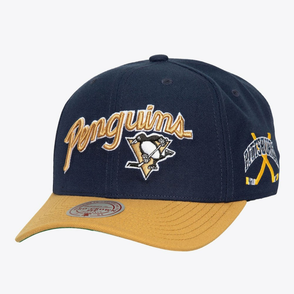 NHL Pittsburgh Penguins Mitchell & Ness x Just Don Wave Script Pro Strapback Hat - Navy/Gold