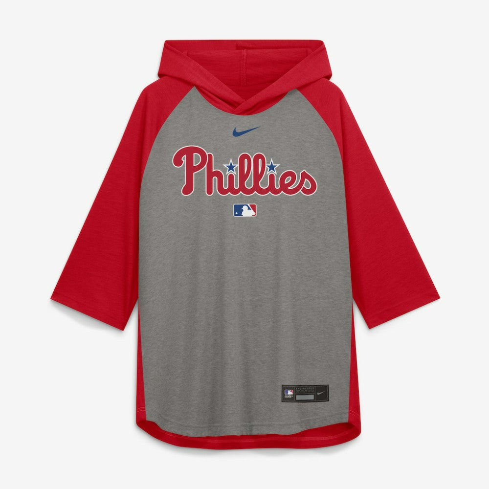 Philadelphia Phillies Nike Authentic Collection Flux Dri-FIT Raglan 3/4-Sleeve Hooded T-Shirt - Gray T-shirts