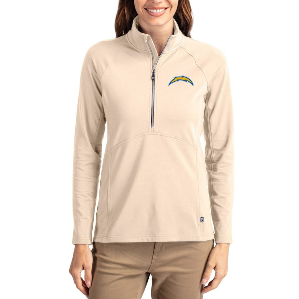 Los Angeles Chargers Cutter & Buck Women's Adapt Eco Knit Stretch Recycled Raglan Half-Zip Pullover Tan