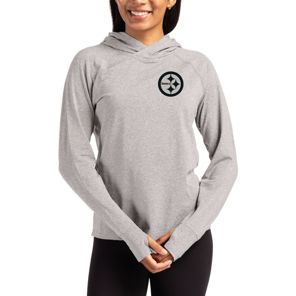 Pittsburgh Steelers Cutter & Buck Women's Tonal Logo Adapt Knit Recycled Raglan Pullover Hoodie Heather Gray