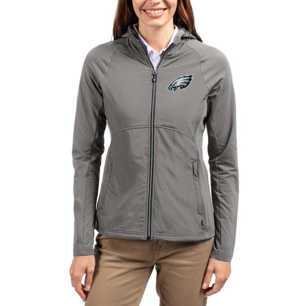 Philadelphia Eagles Cutter & Buck Women's Adapt Eco Knit Hybrid Recycled Raglan Full-Zip Hoodie Jacket Gray