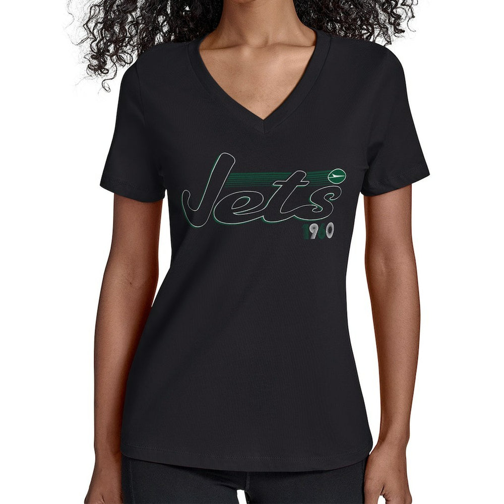 New York Jets Starter Women's Groovy Script V-Neck T-Shirt Black