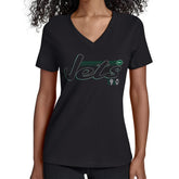 New York Jets Starter Women's Groovy Script V-Neck T-Shirt Black
