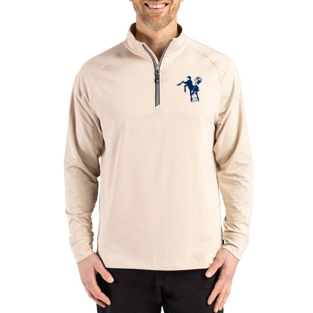 Indianapolis Colts Cutter & Buck Throwback Logo Adapt Eco Knit Stretch Recycled Quarter-Zip Pullover Tan