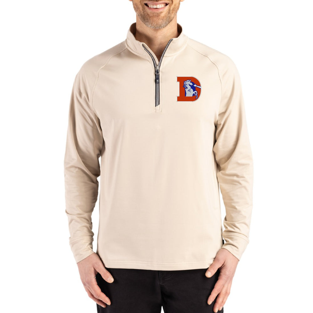 Denver Broncos Cutter & Buck Throwback Logo Adapt Eco Knit Stretch Recycled Quarter-Zip Pullover Tan