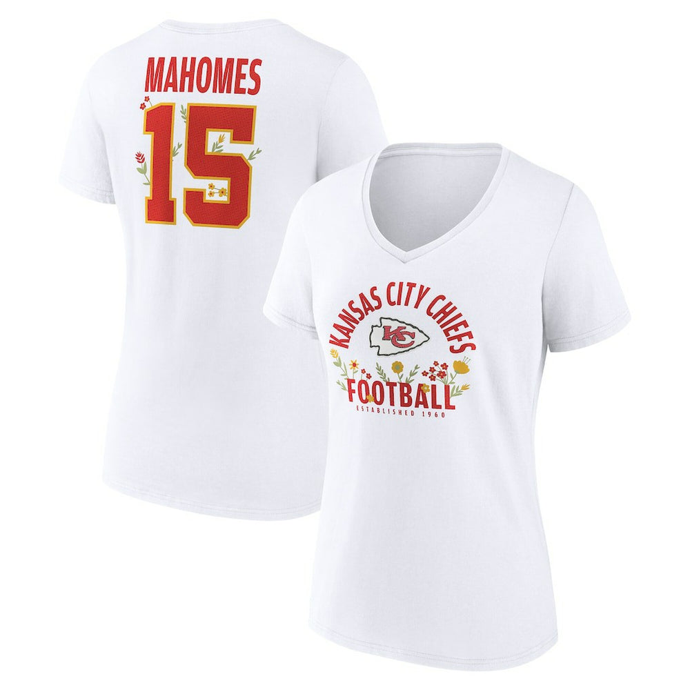 Patrick Mahomes Kansas City Chiefs Women's Floral Name & Number V-Neck T-Shirt White