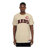 Cincinnati Reds New Era Throwback Meshback Pinstripe T-Shirt - Cream T-shirts