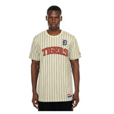 Detroit Tigers New Era Throwback Meshback Pinstripe T-Shirt - Cream T-shirts