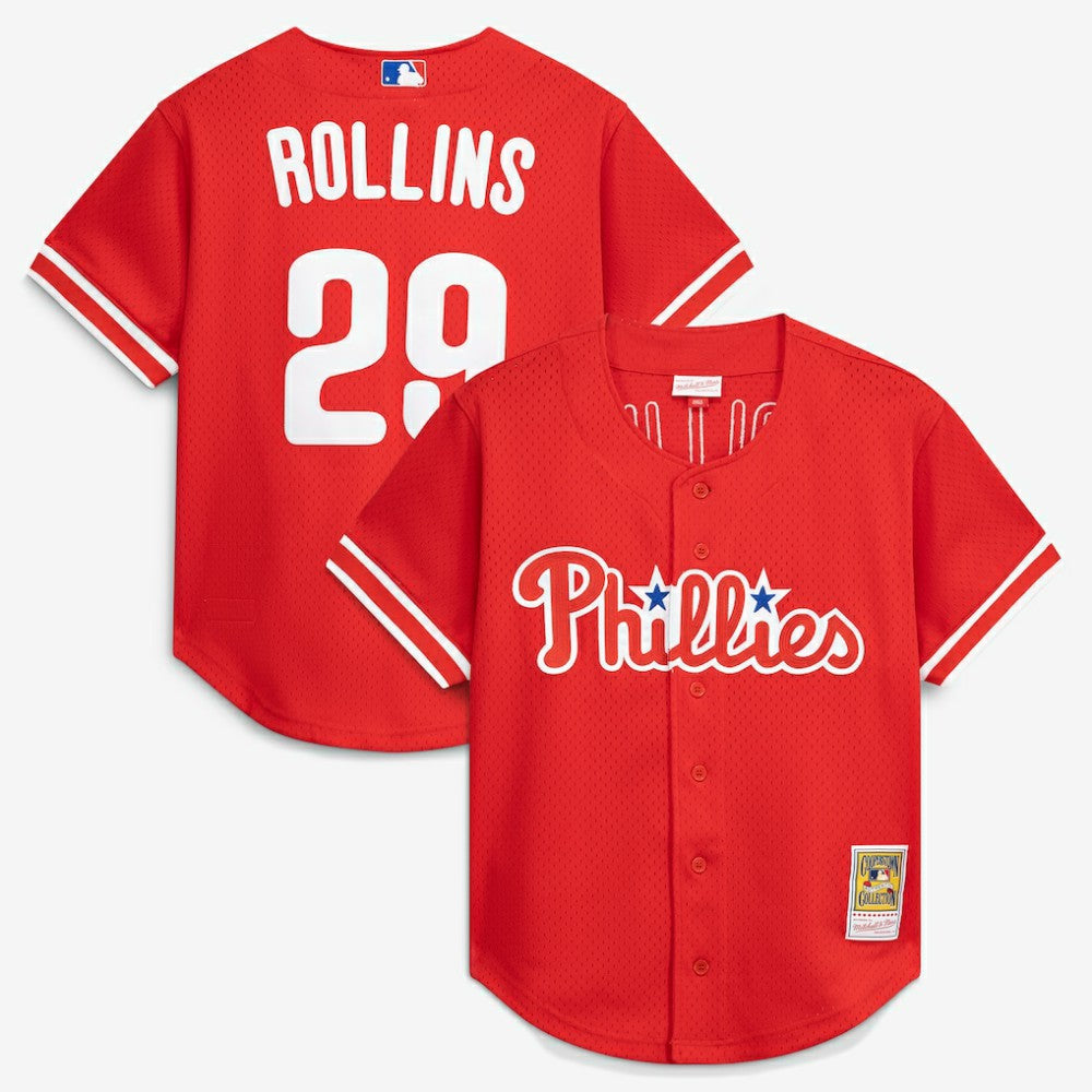MLB Jimmy Rollins Philadelphia Phillies Mitchell & Ness Cooperstown Mesh Batting Practice Button-Up Jersey - Red