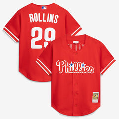 MLB Jimmy Rollins Philadelphia Phillies Mitchell & Ness Cooperstown Mesh Batting Practice Button-Up Jersey - Red