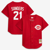 MLB Deion Sanders Cincinnati Reds Mitchell & Ness Cooperstown Mesh Batting Practice Button-Up Jersey - Red