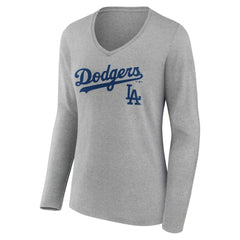 Los Angeles Dodgers Women's Team Lockup Long Sleeve V-Neck T-Shirt - Gray T-shirts