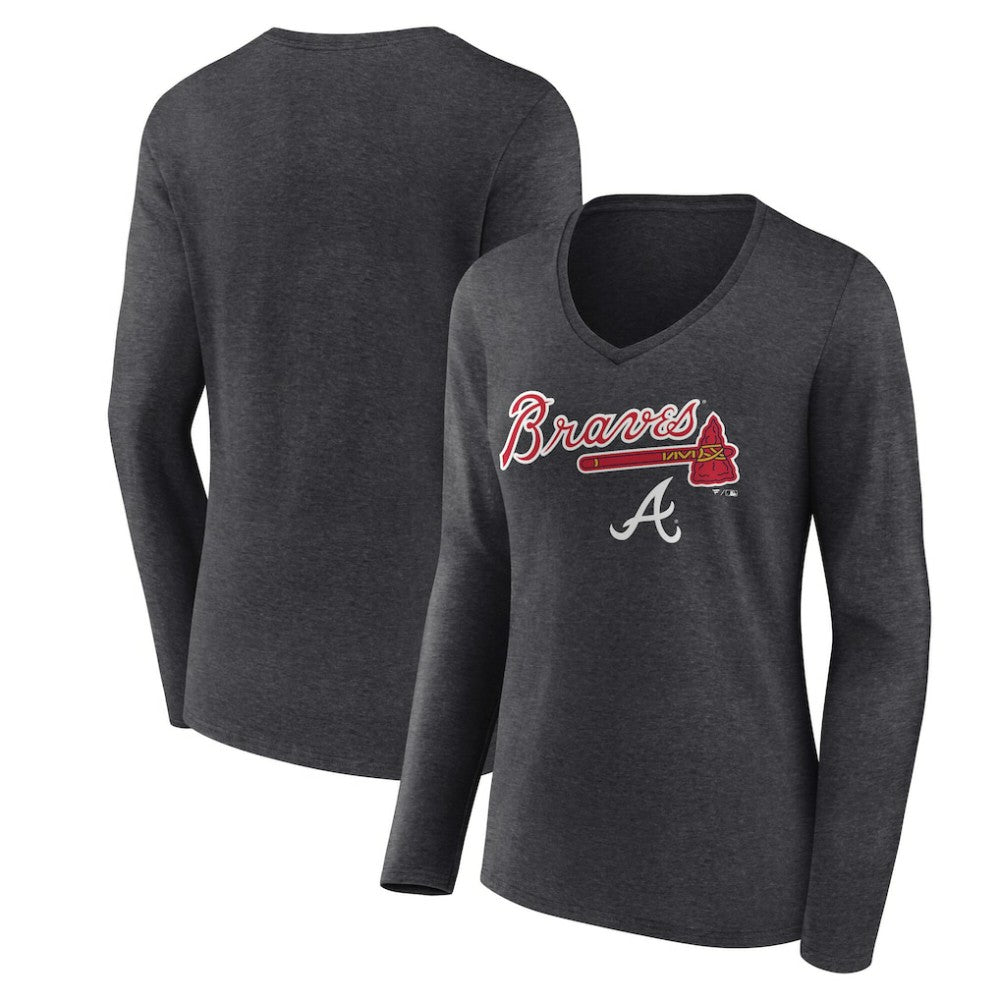 Atlanta Braves Women's Team Lockup Long Sleeve V-Neck T-Shirt - Charcoal T-shirts