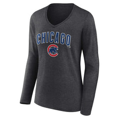 Chicago Cubs Women's Team Lockup Long Sleeve V-Neck T-Shirt - Charcoal T-shirts