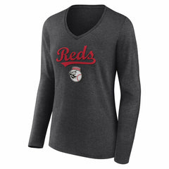 Cincinnati Reds Women's Team Lockup Long Sleeve V-Neck T-Shirt - Charcoal T-shirts