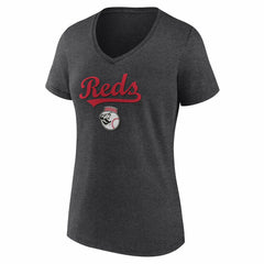 Cincinnati Reds Women's Team Lockup V-Neck T-Shirt - Charcoal T-shirts