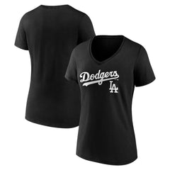 Los Angeles Dodgers Women's Team Lockup V-Neck T-Shirt - Black T-shirts
