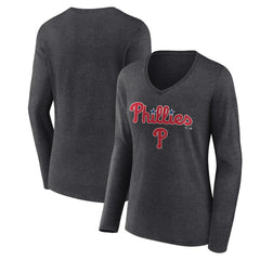 Philadelphia Phillies Women's Team Lockup Long Sleeve V-Neck T-Shirt - Charcoal T-shirts