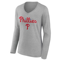 Philadelphia Phillies Women's Team Lockup Long Sleeve V-Neck T-Shirt - Gray T-shirts