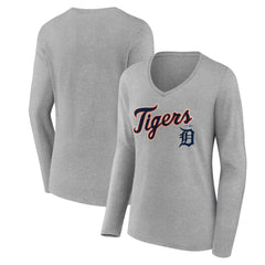 Detroit Tigers Women's Team Lockup Long Sleeve V-Neck T-Shirt - Gray T-shirts