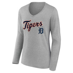 Detroit Tigers Women's Team Lockup Long Sleeve V-Neck T-Shirt - Gray T-shirts