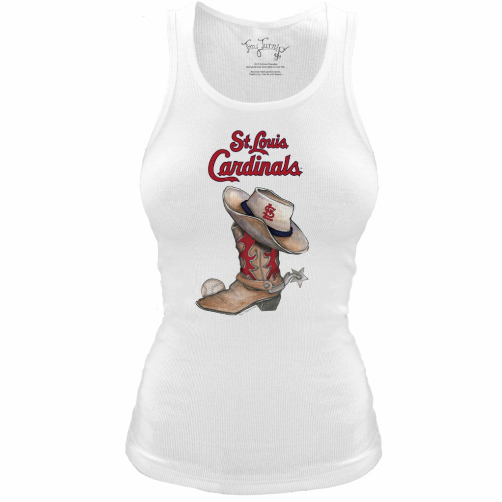 St. Louis Cardinals Tiny Turnip Women's Fitted Vintage Cowboy Boot Tri-Blend Tank Top - White Tanks
