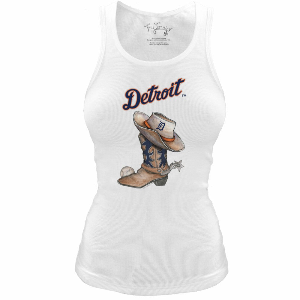 Detroit Tigers Tiny Turnip Women's Fitted Vintage Cowboy Boot Tri-Blend Tank Top - White Tanks