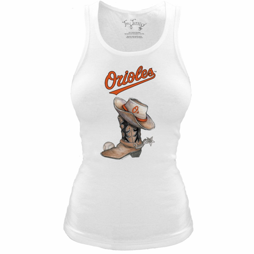 Baltimore Orioles Tiny Turnip Women's Fitted Vintage Cowboy Boot Tri-Blend Tank Top - White Tanks