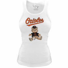 Baltimore Orioles Tiny Turnip Women's Fitted Teddy Bear Tri-Blend Tank Top - White Tanks