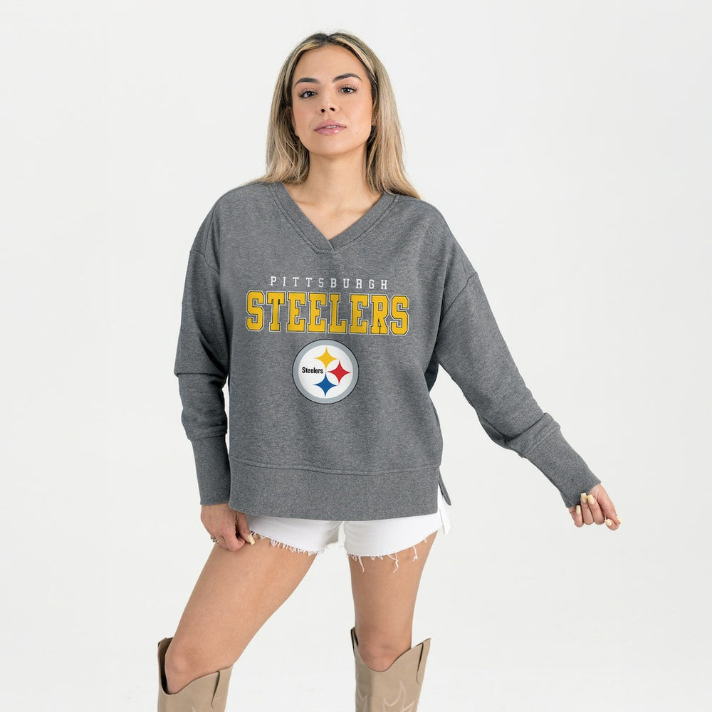 Pittsburgh Steelers Gameday Couture Women's French Terry V-Neck Pullover Sweatshirt Gray