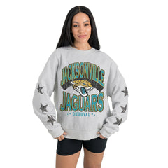 Jacksonville Jaguars Gameday Couture Women's Resilience Relaxed Rhinestone Pullover Sweatshirt Ash