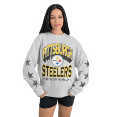 Pittsburgh Steelers Gameday Couture Women's Resilience Relaxed Rhinestone Pullover Sweatshirt Ash