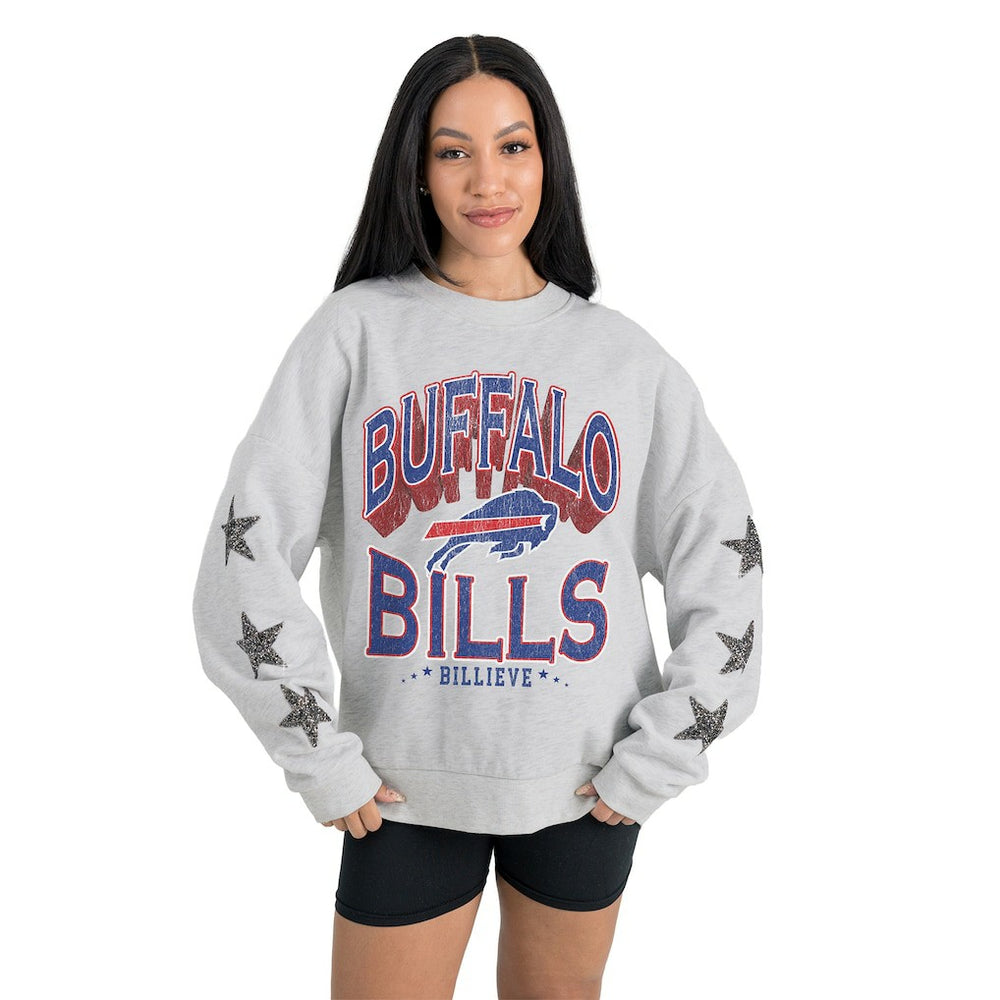 Buffalo Bills Gameday Couture Women's Resilience Relaxed Rhinestone Pullover Sweatshirt Ash