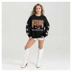 Washington Commanders Gameday Couture Women's Pure Victory Rhinestud Star-Sleeve Pullover Sweatshirt Black