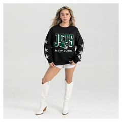 New York Jets Gameday Couture Women's Pure Victory Rhinestud Star-Sleeve Pullover Sweatshirt Black