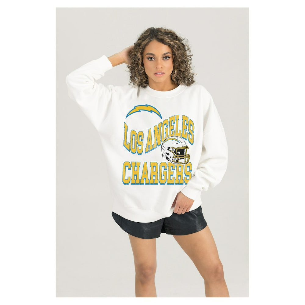 Los Angeles Chargers Gameday Couture Women's Oversized Hard Earned Premium Fleece Pullover Sweatshirt White
