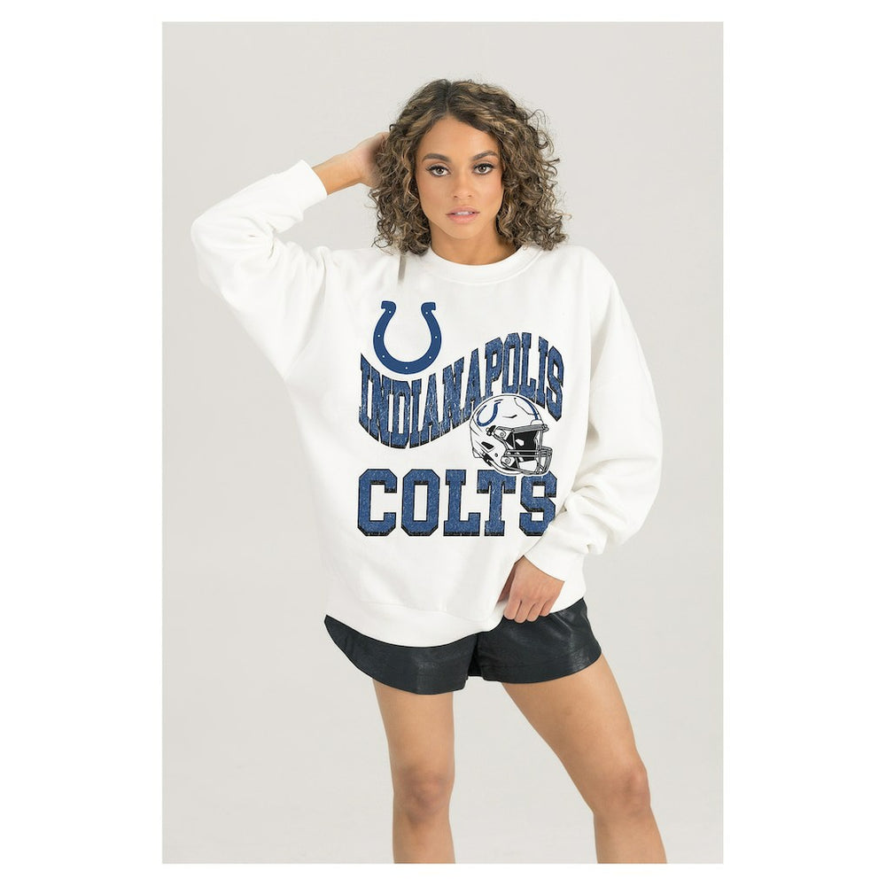Indianapolis Colts Gameday Couture Women's Oversized Hard Earned Premium Fleece Pullover Sweatshirt White