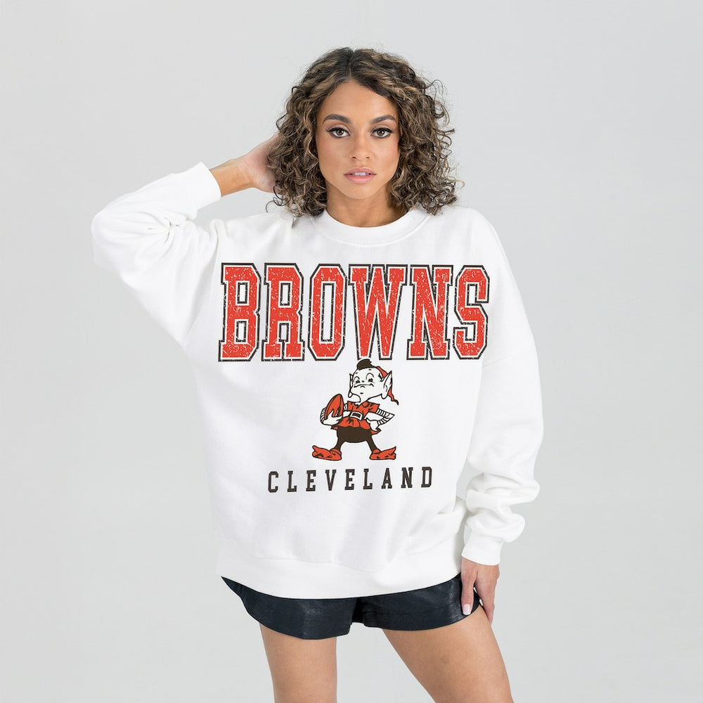 Cleveland Browns Gameday Couture Women's Classic Sunday Drives Oversized Premium Fleece Pullover Sweatshirt White