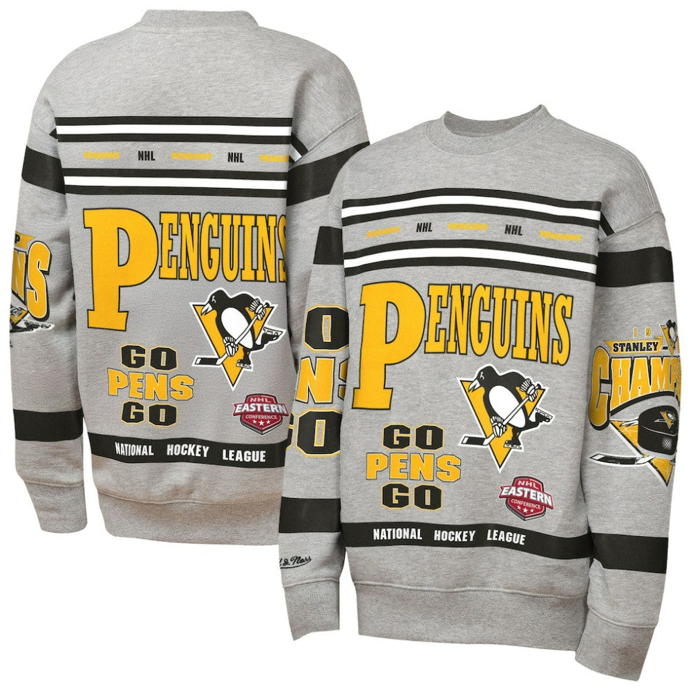 NHL Pittsburgh Penguins Mitchell & Ness Youth Allover Print Fleece Crewneck Sweatshirt - Heather Gray