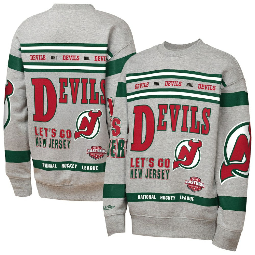 NHL New Jersey Devils Mitchell & Ness Youth Allover Print Fleece Crewneck Sweatshirt - Heather Gray